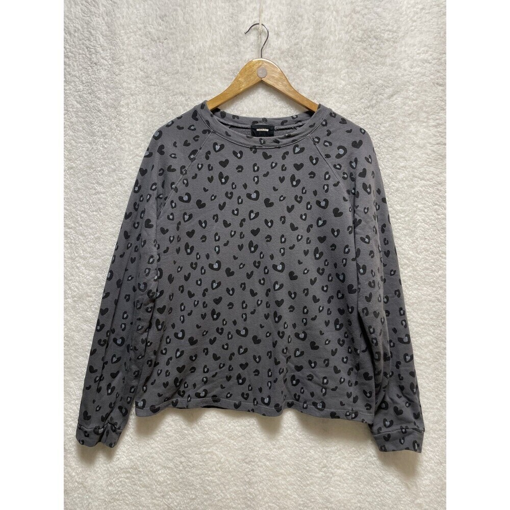 Monrow Sweatshirt Women’s Large Gray Black Leopard Print Pullover Crew Neck